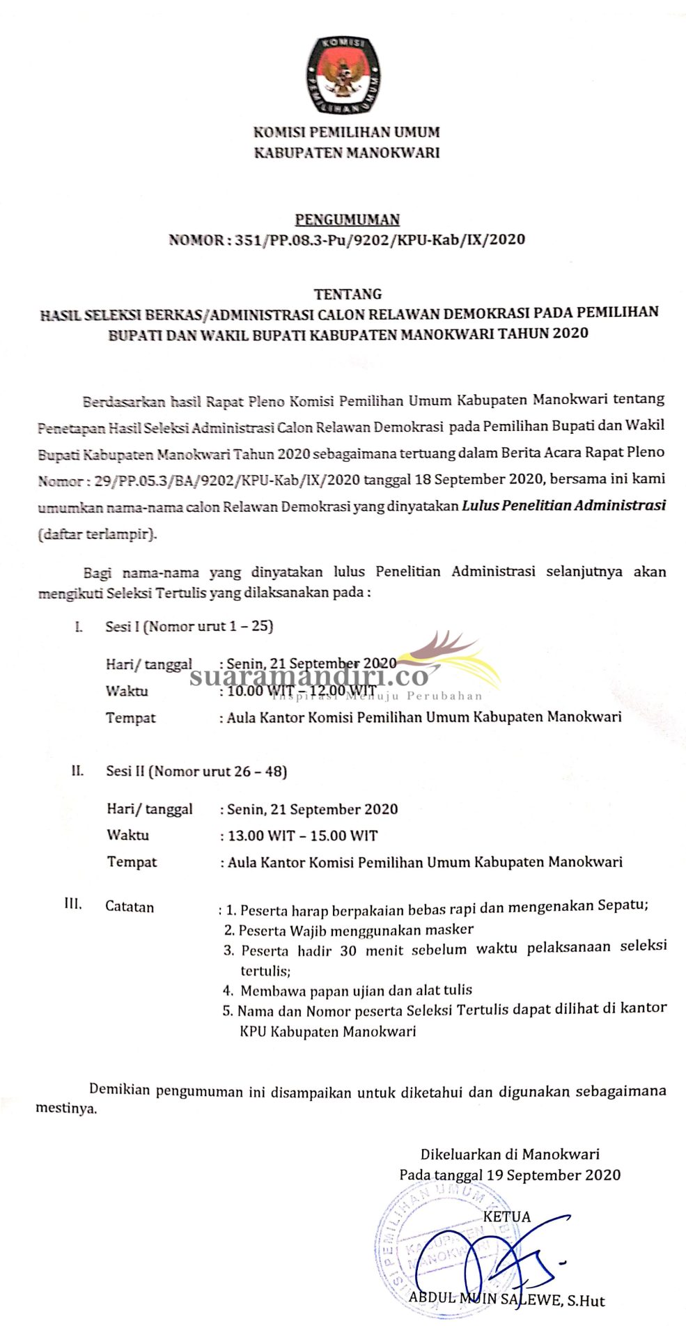 Hasil Seleksi Berkas/Administrasi Calon Relawan Demokrasi Pada Pemilihan Bupati dan Wakil Bupati Kabupaten Manokwari Tahun 2020