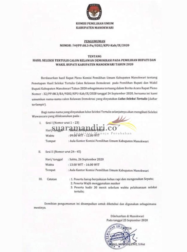 Pengumuman Tentang Hasil Seleksi Tertulis Calon Relawan Demokrasi Pada Pemilihan Bupati dan Wakil Bupati Kabupaten Manokwari Tahun 2020